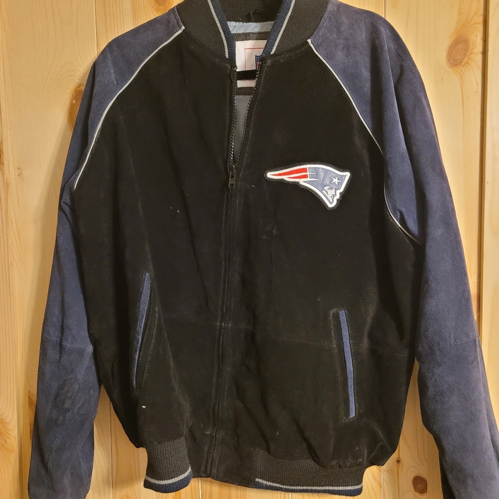 New England Patriots Superbowl NFL Black and Navy Bomber Large Leather Jacket